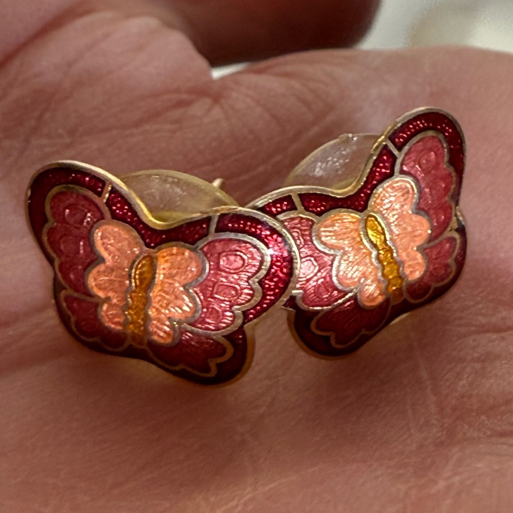 Vintage 1960 70 burgundy cloisonné delicate butterfly earrings